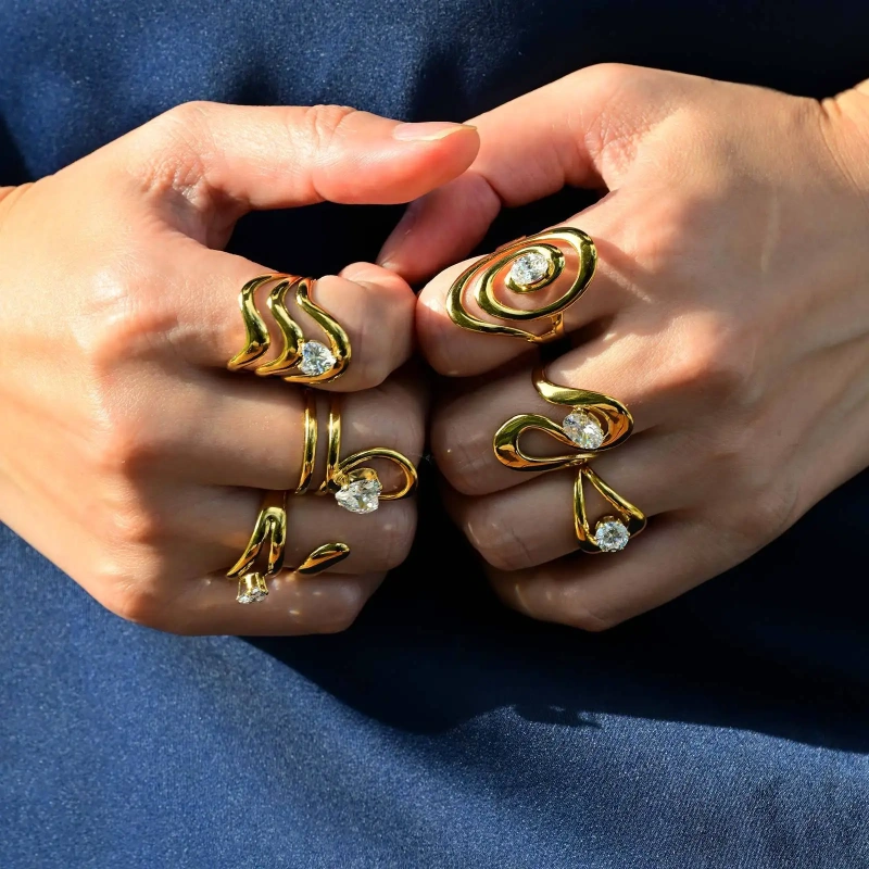 Stylish Womens Zircon Geometric Lines Open Ring Adjustable 18k Gold Plated Waterproof Stainless Steel YF8128