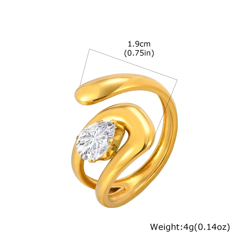 Stylish Womens Zircon Geometric Lines Open Ring Adjustable 18k Gold Plated Waterproof Stainless Steel YF8128