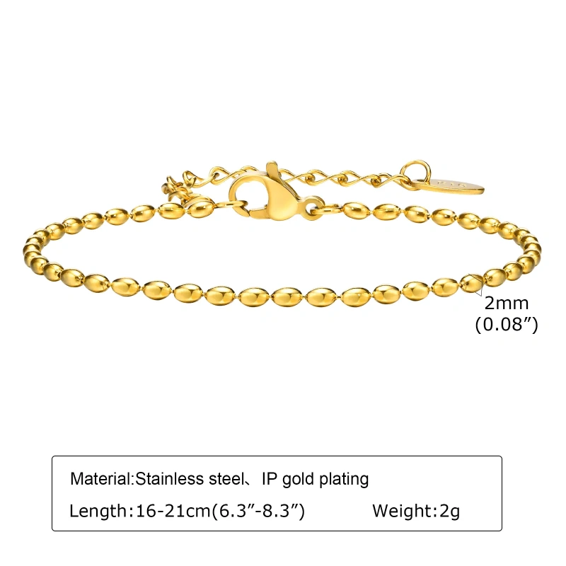 Fashionable Vintage Style Olive Rice Bead Bracelet Womens 18K Gold Plated Waterproof Stainless Steel YF8144