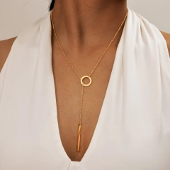 Niche Cross Chain Ring Necklace Gold Rectangular Bar Adjustable Clavicle Chain 18K Gold Plated Waterproof Stainless Steel YF8145