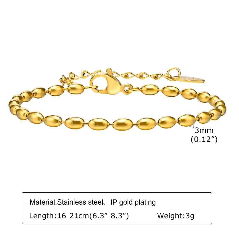 Fashionable Vintage Style Olive Rice Bead Bracelet Womens 18K Gold Plated Waterproof Stainless Steel YF8144