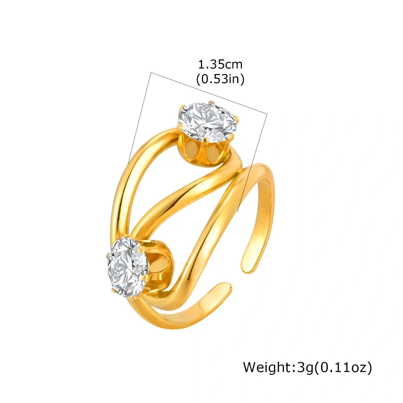 Stylish Womens Zircon Geometric Lines Open Ring Adjustable 18k Gold Plated Waterproof Stainless Steel YF8128