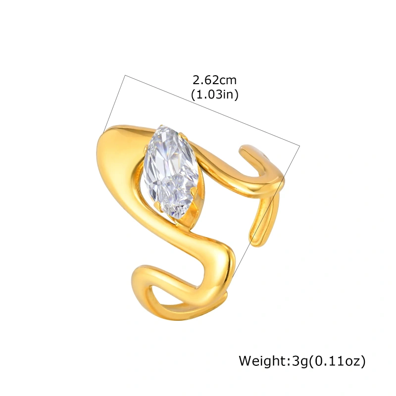 Stylish Womens Zircon Geometric Lines Open Ring Adjustable 18k Gold Plated Waterproof Stainless Steel YF8128