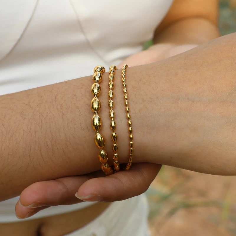 Fashionable Vintage Style Olive Rice Bead Bracelet Womens 18K Gold Plated Waterproof Stainless Steel YF8144
