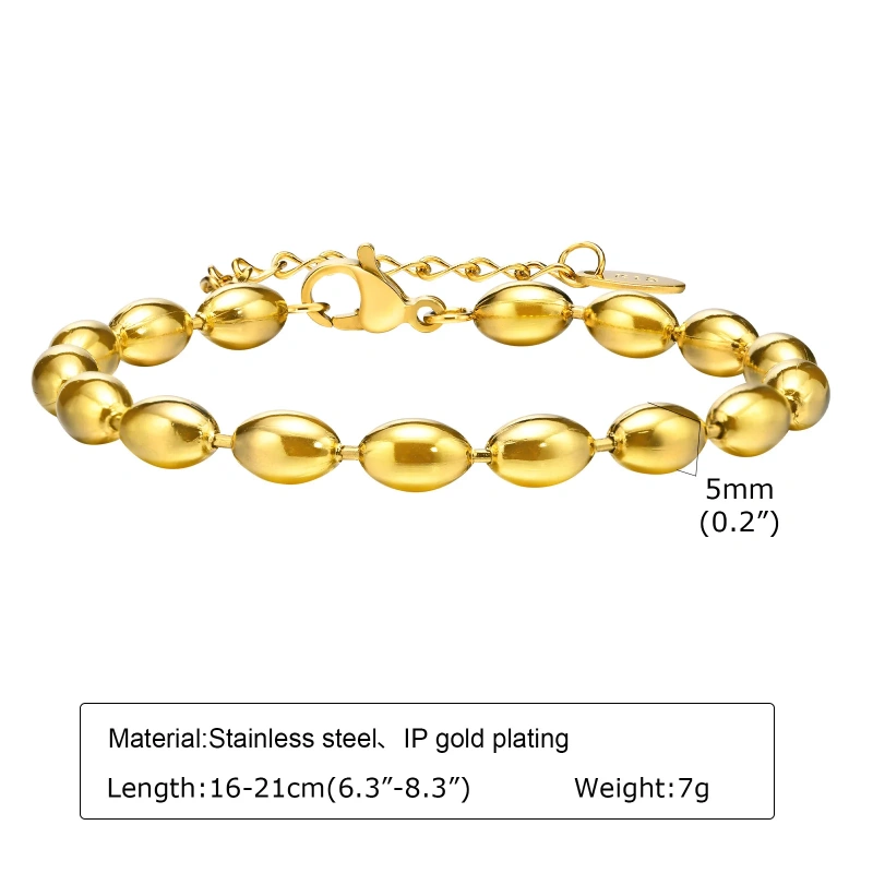Fashionable Vintage Style Olive Rice Bead Bracelet Womens 18K Gold Plated Waterproof Stainless Steel YF8144