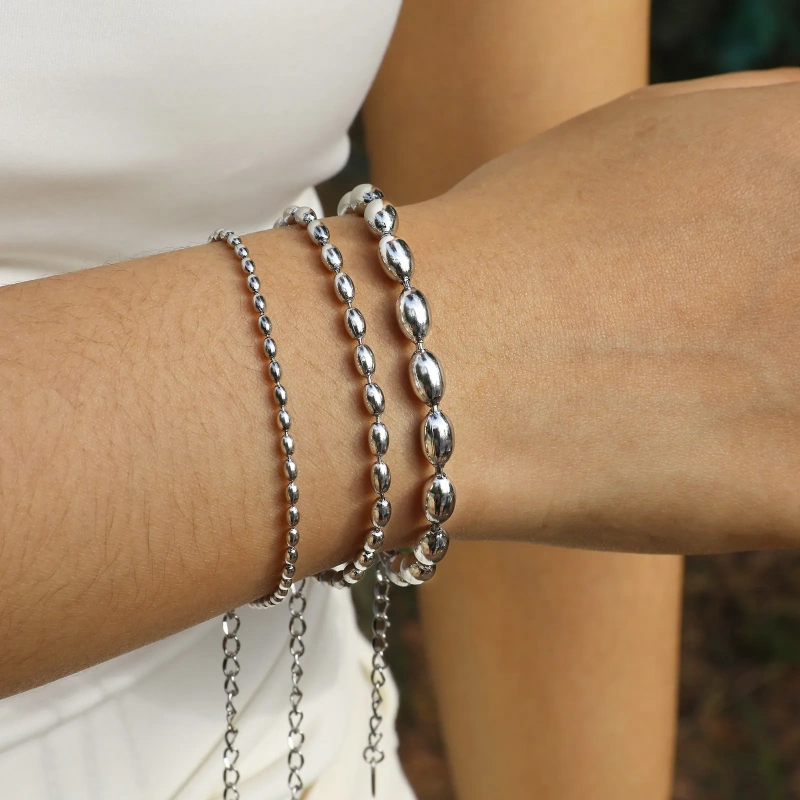 Fashionable Vintage Style Olive Rice Bead Bracelet Womens 18K Gold Plated Waterproof Stainless Steel YF8144