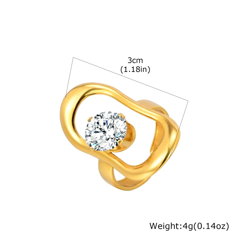 Stylish Womens Zircon Geometric Lines Open Ring Adjustable 18k Gold Plated Waterproof Stainless Steel YF8128