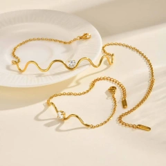 Flat Cross Chain Wavy Round Zircon Bracelet Necklace Gold 18k Gold Plated Waterproof Stainless Steel Jewelry Set for Gift YF8126