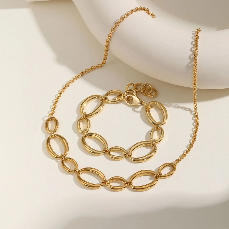 Simple Large Chain Geometric Bracelet Necklace 18k Gold Plated Waterproof Stainless Steel Jewelry Set Gift YF8125