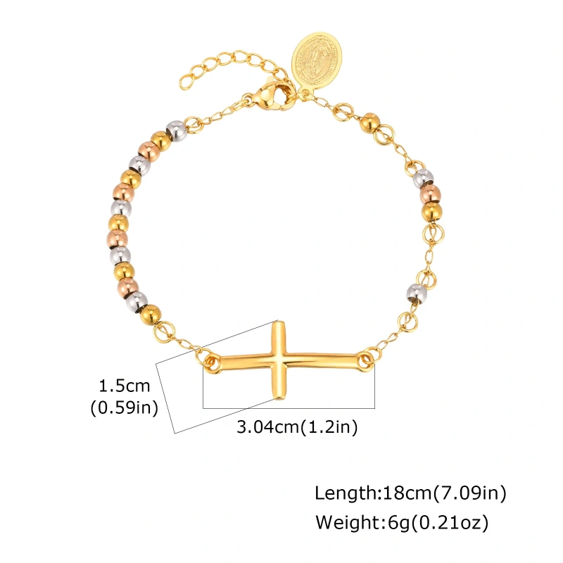 Fashion Stainless Steel Oval Brand Portrait Cross Curved Brand Beaded Bracelet 18k Gold Plated Waterproof Stainless Steel YF8132