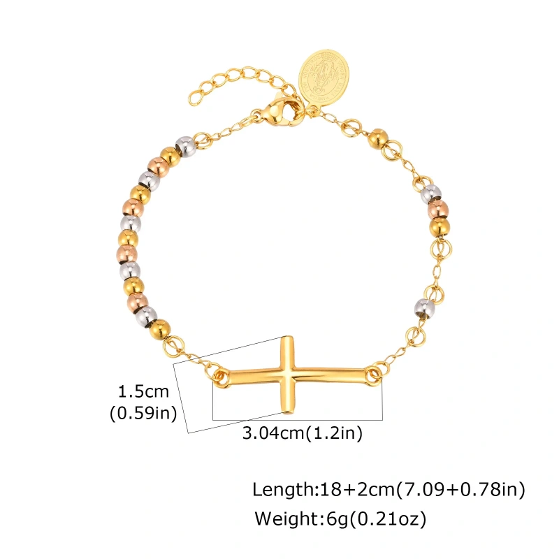 Fashion Stainless Steel Oval Brand Portrait Cross Curved Brand Beaded Bracelet 18k Gold Plated Waterproof Stainless Steel YF8132
