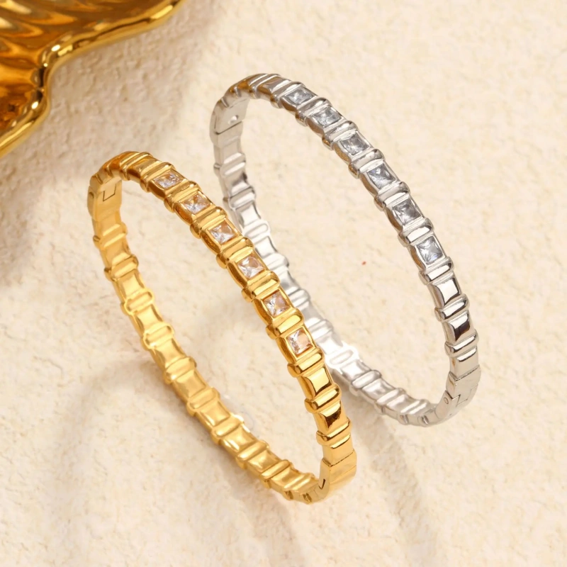 Temperament Diamond Plaid Glossy Bracelet 18K Gold Plated Waterproof Stainless Steel Bracelet for Couples YF8082