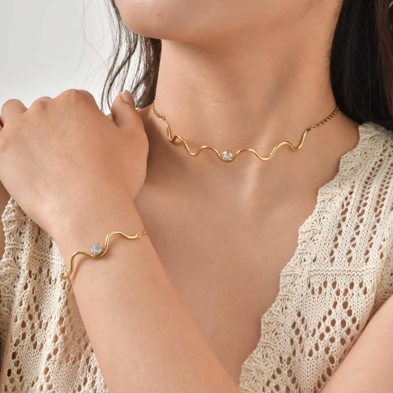 Flat Cross Chain Wavy Round Zircon Bracelet Necklace Gold 18k Gold Plated Waterproof Stainless Steel Jewelry Set for Gift YF8126