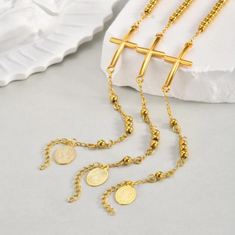 Fashion Stainless Steel Oval Brand Portrait Cross Curved Brand Beaded Bracelet 18k Gold Plated Waterproof Stainless Steel YF8132