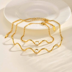 Flat Cross Chain Wavy Round Zircon Bracelet Necklace Gold 18k Gold Plated Waterproof Stainless Steel Jewelry Set for Gift YF8126