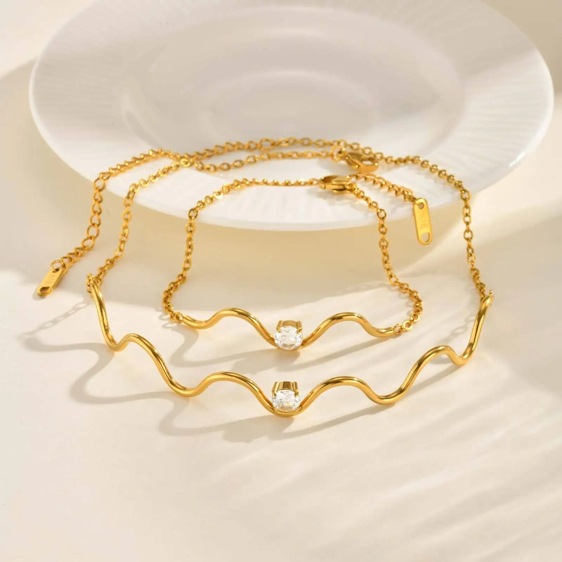 Flat Cross Chain Wavy Round Zircon Bracelet Necklace Gold 18k Gold Plated Waterproof Stainless Steel Jewelry Set for Gift YF8126