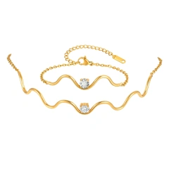 Flat Cross Chain Wavy Round Zircon Bracelet Necklace Gold 18k Gold Plated Waterproof Stainless Steel Jewelry Set for Gift YF8126