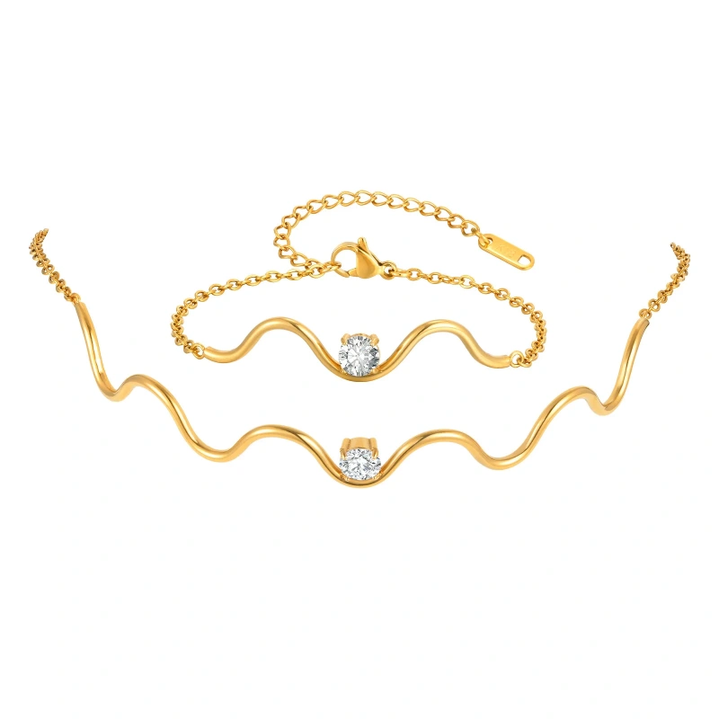 Flat Cross Chain Wavy Round Zircon Bracelet Necklace Gold 18k Gold Plated Waterproof Stainless Steel Jewelry Set for Gift YF8126