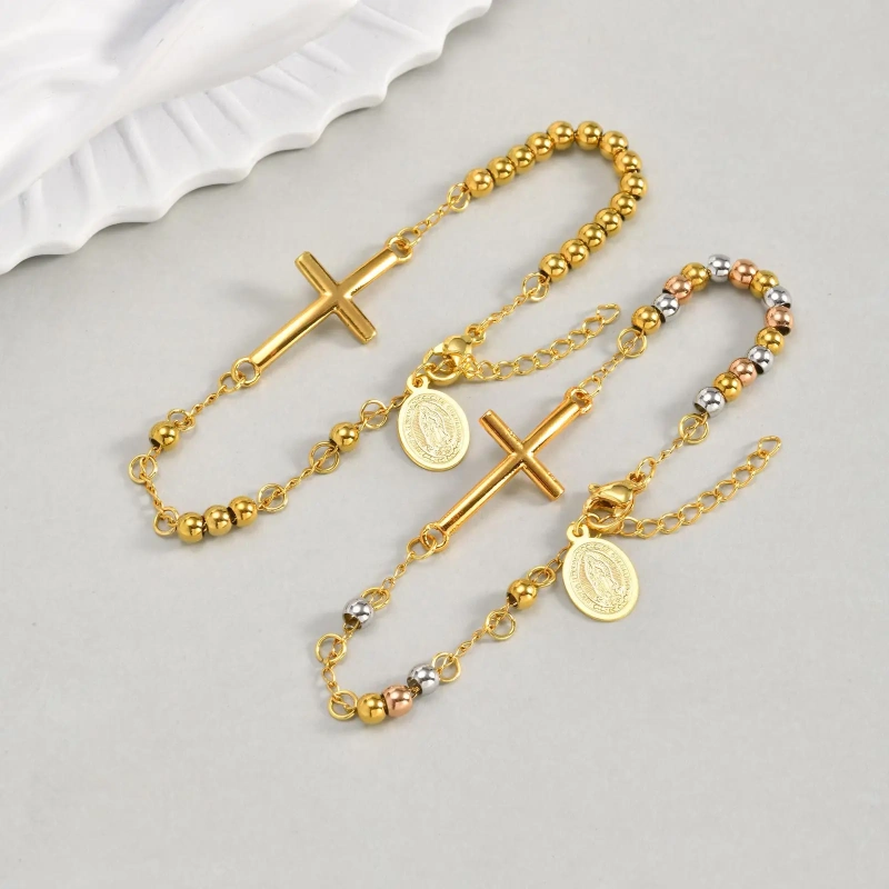 Fashion Stainless Steel Oval Brand Portrait Cross Curved Brand Beaded Bracelet 18k Gold Plated Waterproof Stainless Steel YF8132