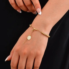 Fashion Stainless Steel Oval Brand Portrait Cross Curved Brand Beaded Bracelet 18k Gold Plated Waterproof Stainless Steel YF8132