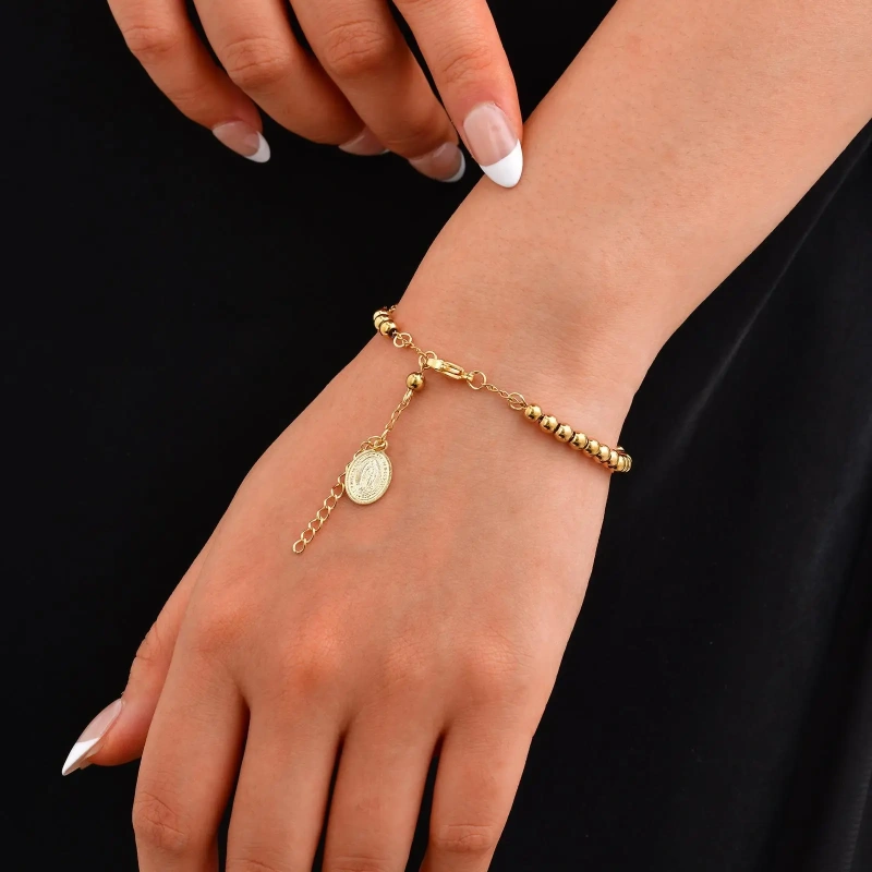 Fashion Stainless Steel Oval Brand Portrait Cross Curved Brand Beaded Bracelet 18k Gold Plated Waterproof Stainless Steel YF8132