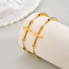 Fashion Stainless Steel Oval Brand Portrait Cross Curved Brand Beaded Bracelet 18k Gold Plated Waterproof Stainless Steel YF8132