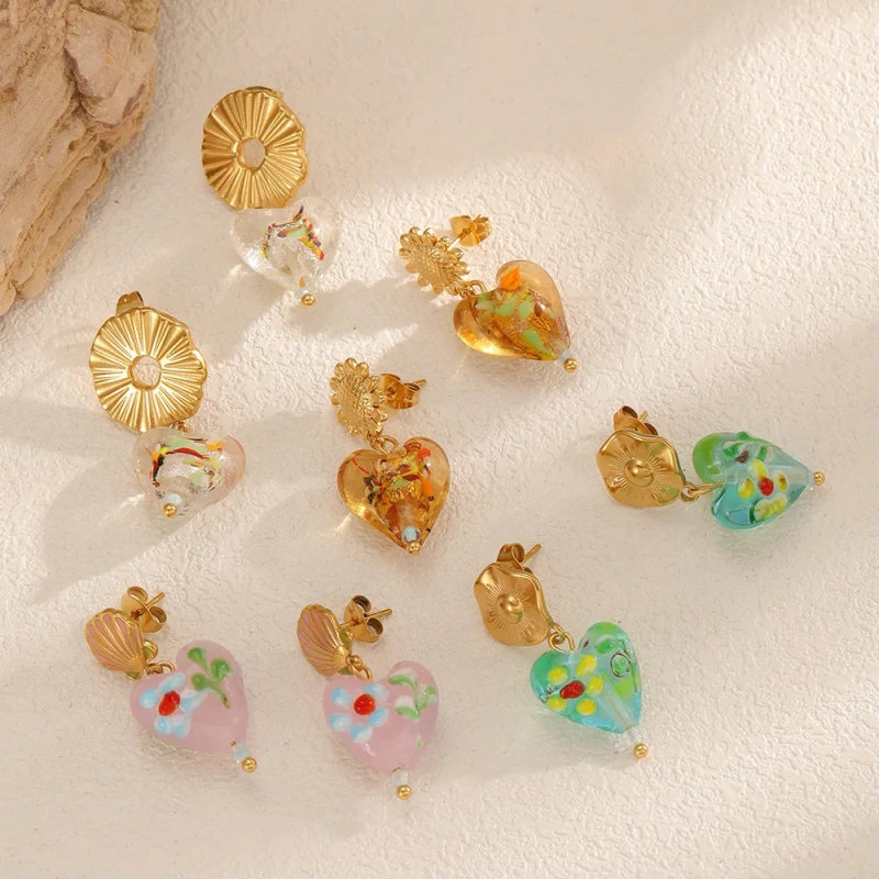 Cute Style Shell Flower Heart Shape Resin Earrings 18K Gold Plated Waterproof Stainless Steel Womens Earrings for Gift YF8016