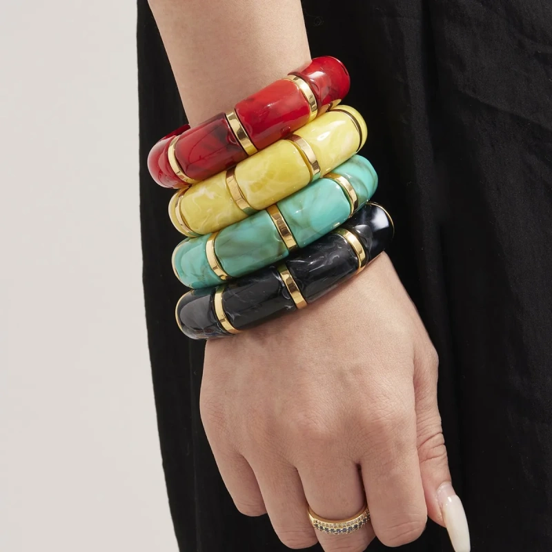Hot Selling Color Resin Bracelet Square Amber 18k Gold Plated Waterproof Stainless Steel Bracelet for Womens YF8021