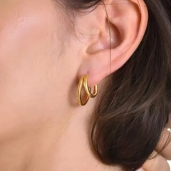 Geometric Two Tones Layer C Shaped Stud Earrings Chain Pendant Earrings 18K Gold Plated Stainless Steel Waterproof YF8015