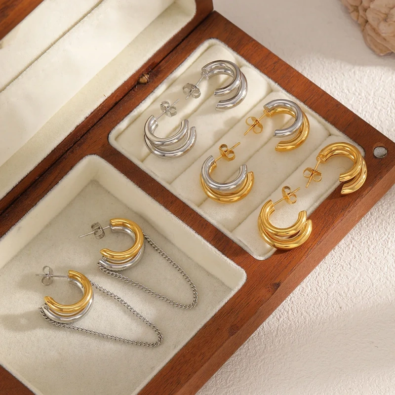 Geometric Two Tones Layer C Shaped Stud Earrings Chain Pendant Earrings 18K Gold Plated Stainless Steel Waterproof YF8015