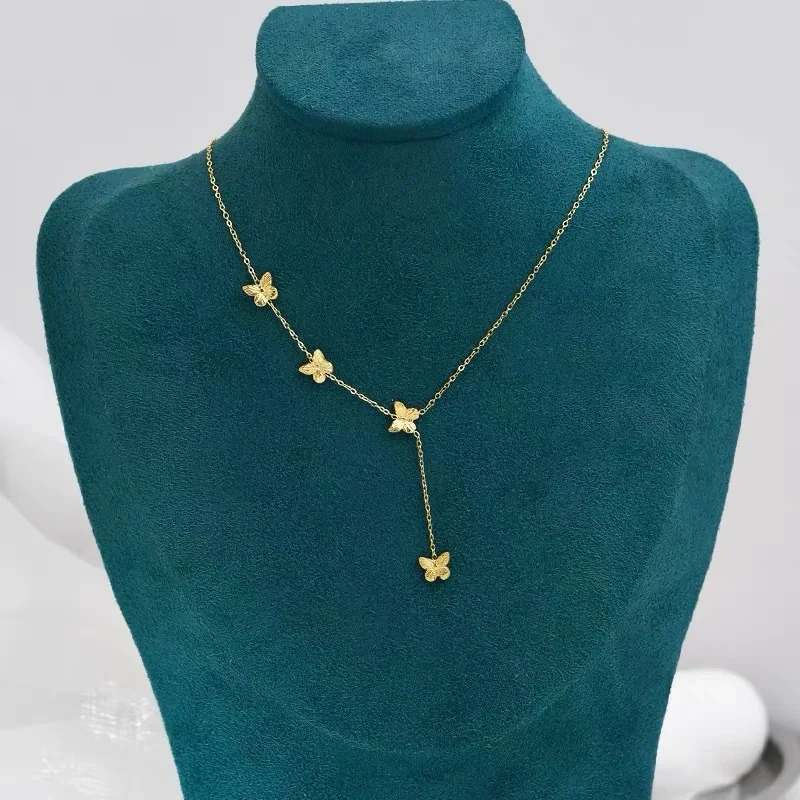 Versatile Butterfly Tassel Necklace Womens 18K Gold Plated Waterproof Stainless Steel Collarbone Chain for Gifts YF8024