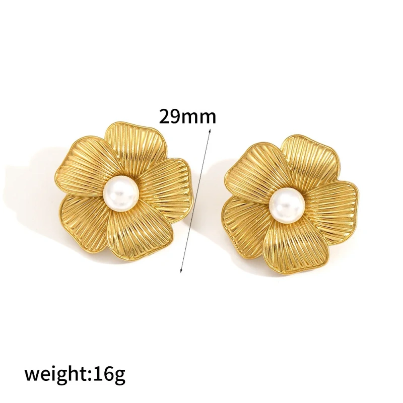 Ins Exquisite Flower Pearl Stud Earrings Womens 18K Gold Plated Waterproof Stainless Steel Earrings for Daily YF2028