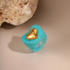 Wholesale Fashion Colorful Heart Resin Ring 18k Gold Plated Waterproof Stainless Steel for Party YF8062