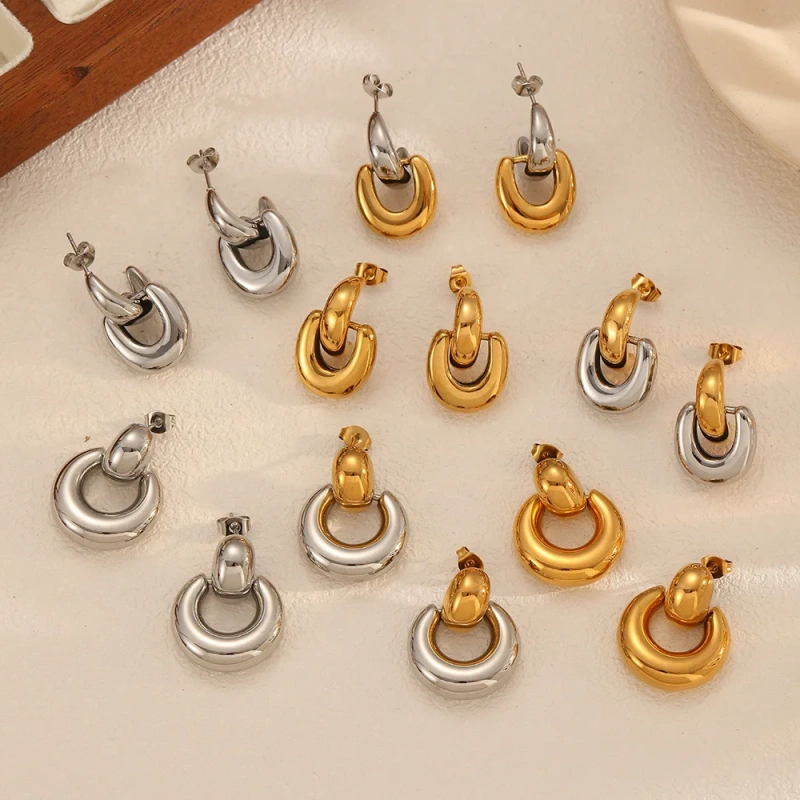 Fashion Geometric Circle Semi Circle Pendant Earrings 18K Gold Plated Stainless Steel Waterproof Earrings for Gift YF8013