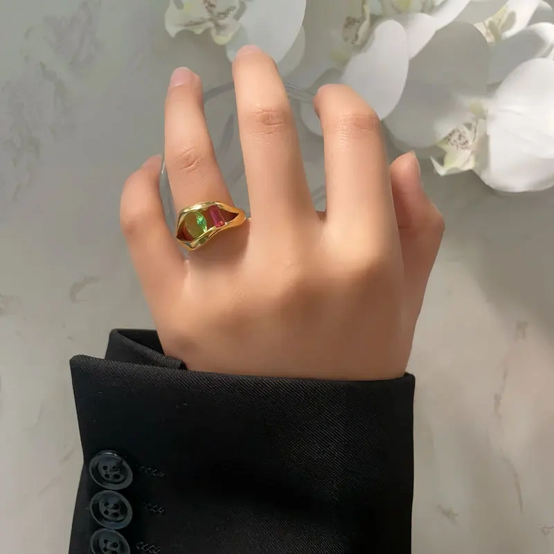 Special Irregular Ring Colored Zircon 18k Gold Plated Waterproof Stainless Steel Ring for Gifts YF8040