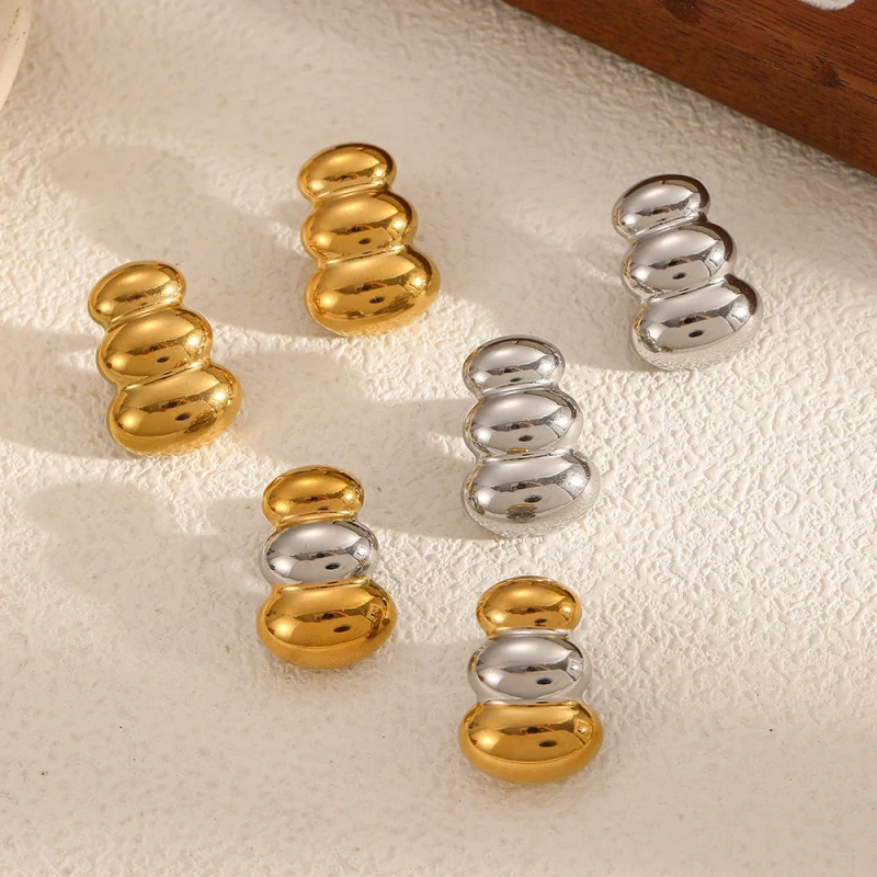 Ins Three Layer Bean Stud Earrings18k Gold Plated Waterproof Stainless Steel Earrings for Women YF8073