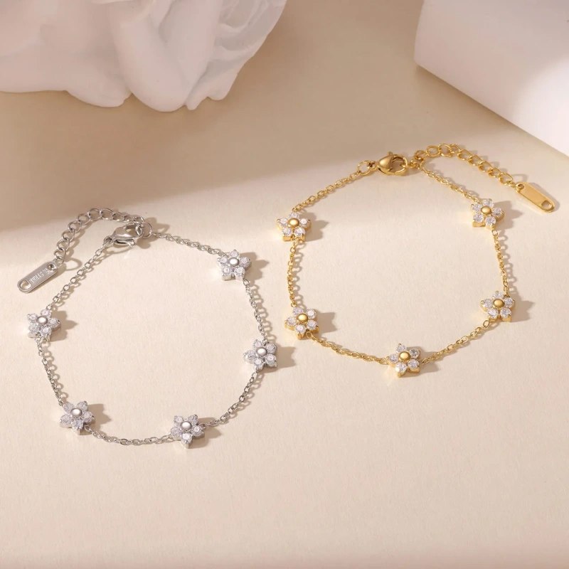 New Summer 5A Zircon Flower Women Bracelet 18k Gold Plated Waterproof Stainless Steel Bracelet for Party YF8048