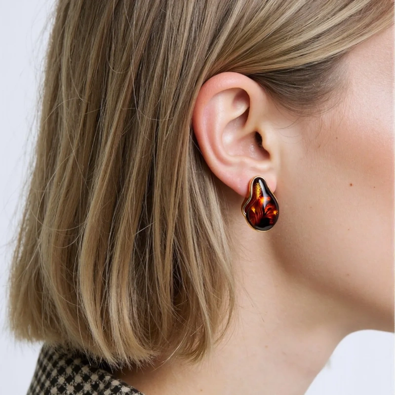 Maillard Resin Stud Earrings Amber Womens 18K Gold Plated Waterproof Stainless Steel Stud Earrings for Party YF8027
