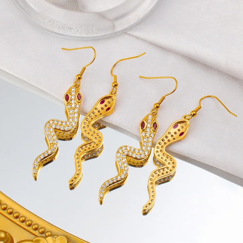 Luxury Jewelry Waterproof Tarnish Free 18K Gold Plated Stainless Steel Zircon Snake Shape Drop Earrings YF8003