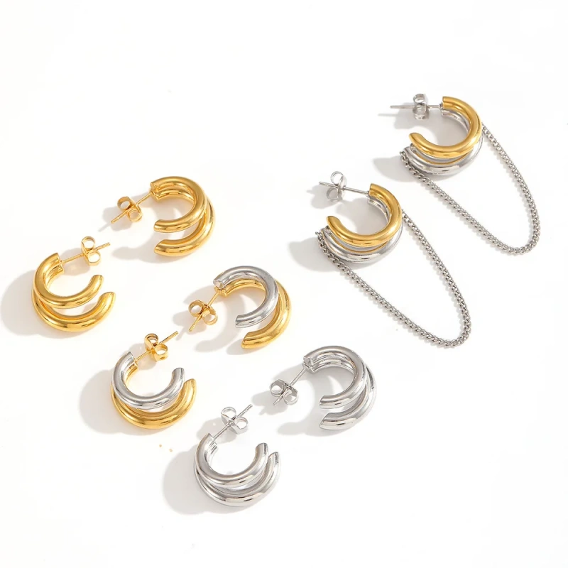 Geometric Two Tones Layer C Shaped Stud Earrings Chain Pendant Earrings 18K Gold Plated Stainless Steel Waterproof YF8015