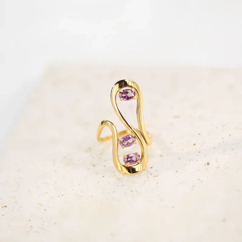 New Vintage Purple Zircon Wave Ring 18k Gold Plated Waterproof Stainless Steel Jewelry for Women YF8039