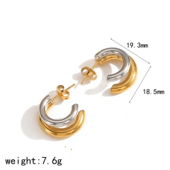 Geometric Two Tones Layer C Shaped Stud Earrings Chain Pendant Earrings 18K Gold Plated Stainless Steel Waterproof YF8015