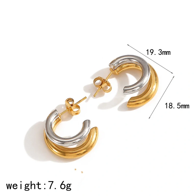 Geometric Two Tones Layer C Shaped Stud Earrings Chain Pendant Earrings 18K Gold Plated Stainless Steel Waterproof YF8015