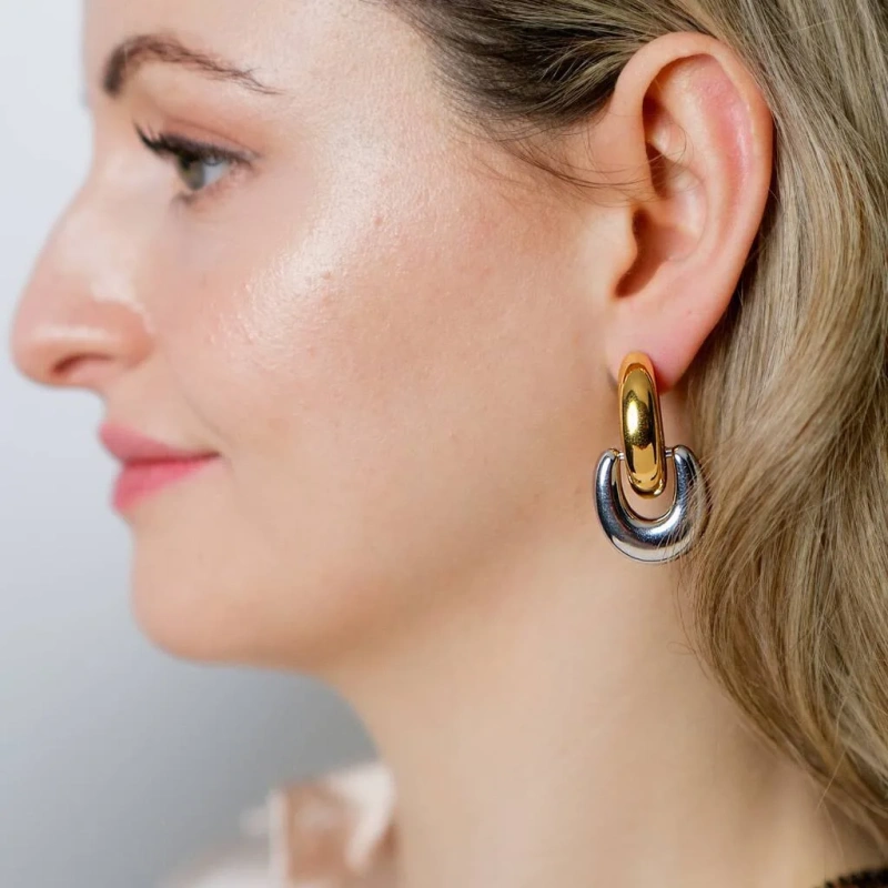 Fashion Geometric Circle Semi Circle Pendant Earrings 18K Gold Plated Stainless Steel Waterproof Earrings for Gift YF8013