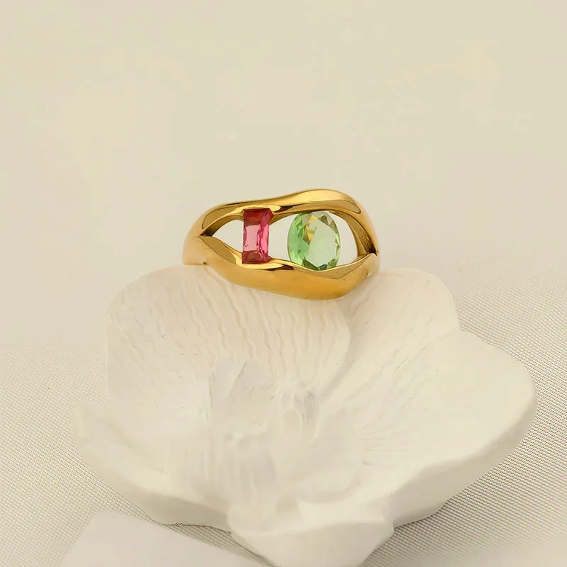Special Irregular Ring Colored Zircon 18k Gold Plated Waterproof Stainless Steel Ring for Gifts YF8040