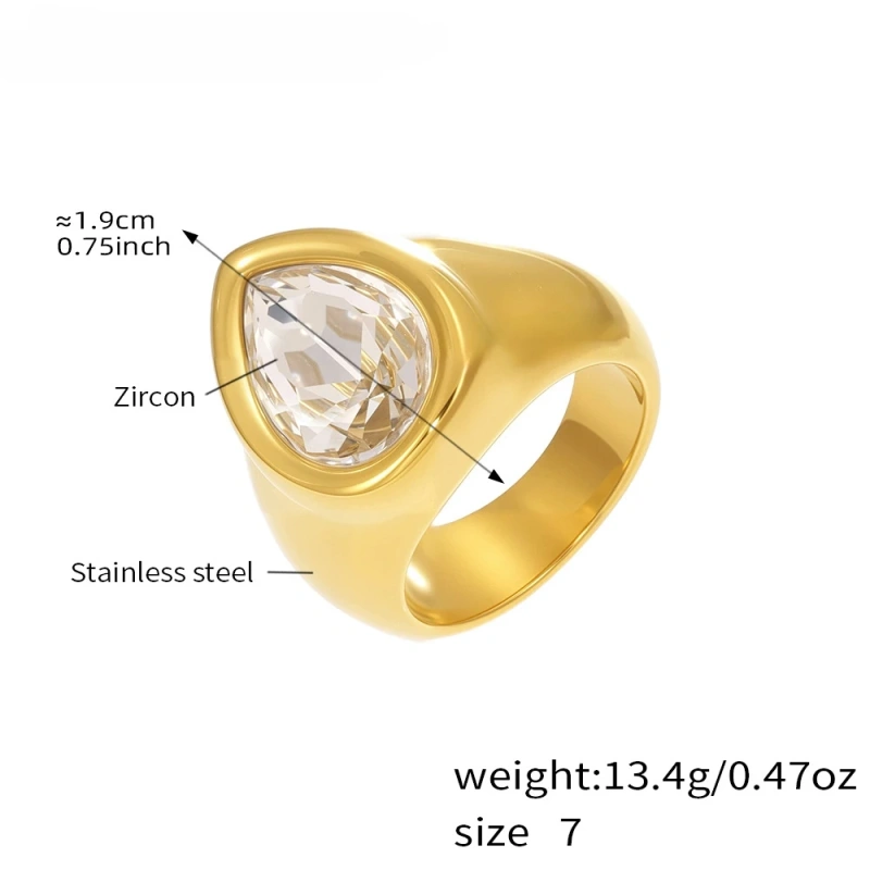 Premium Teardrop Cubic Zircon Ring 18k Gold Plated Waterproof Stainless Steel Women's Ring for Party YF8037