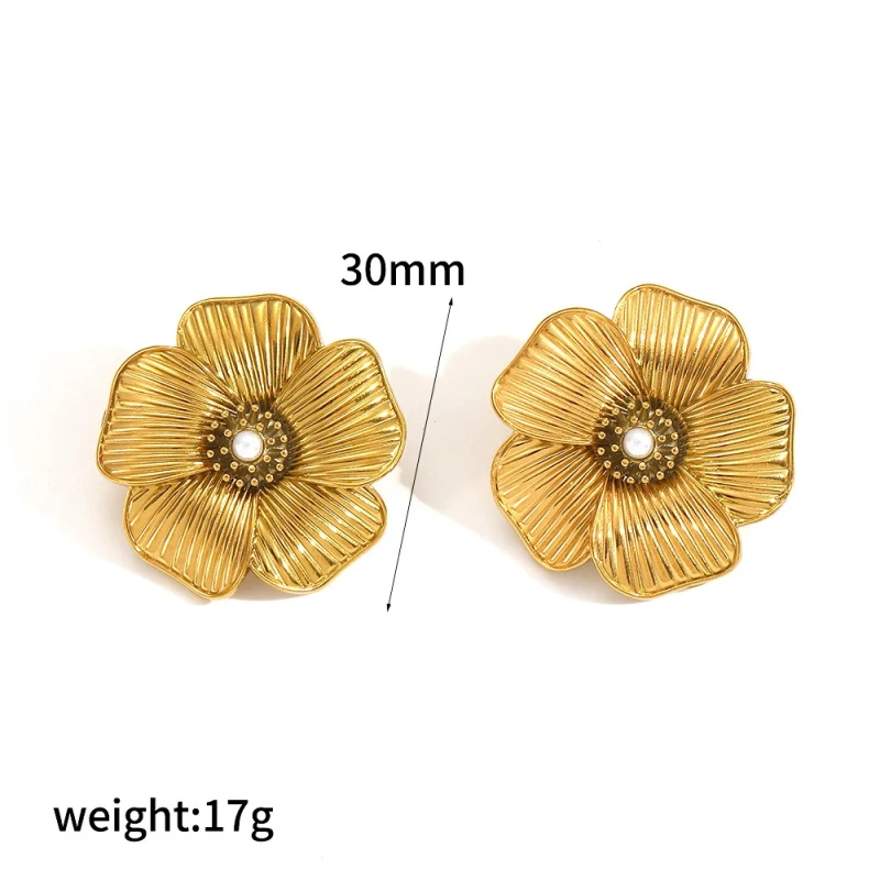 Ins Exquisite Flower Pearl Stud Earrings Womens 18K Gold Plated Waterproof Stainless Steel Earrings for Daily YF2028