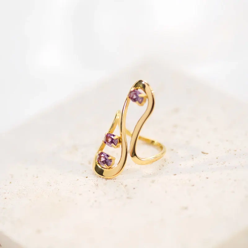 New Vintage Purple Zircon Wave Ring 18k Gold Plated Waterproof Stainless Steel Jewelry for Women YF8039