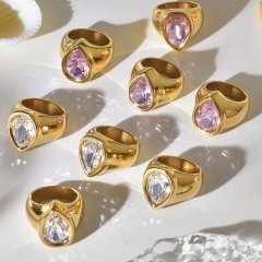 Premium Teardrop Cubic Zircon Ring 18k Gold Plated Waterproof Stainless Steel Women's Ring for Party YF8037