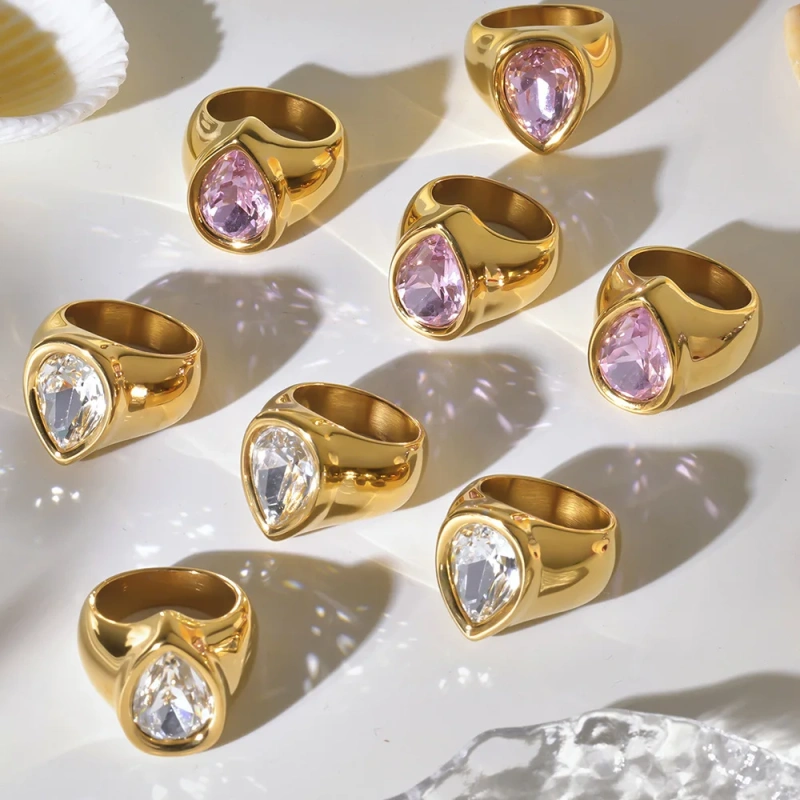 Premium Teardrop Cubic Zircon Ring 18k Gold Plated Waterproof Stainless Steel Women's Ring for Party YF8037